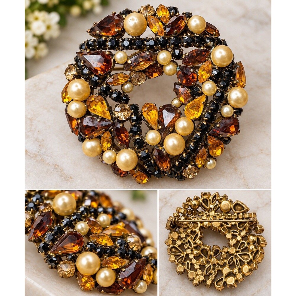 Vintage Rhinestone Brooch Amber Black Faux Pearl Large Wreath Statement Pin